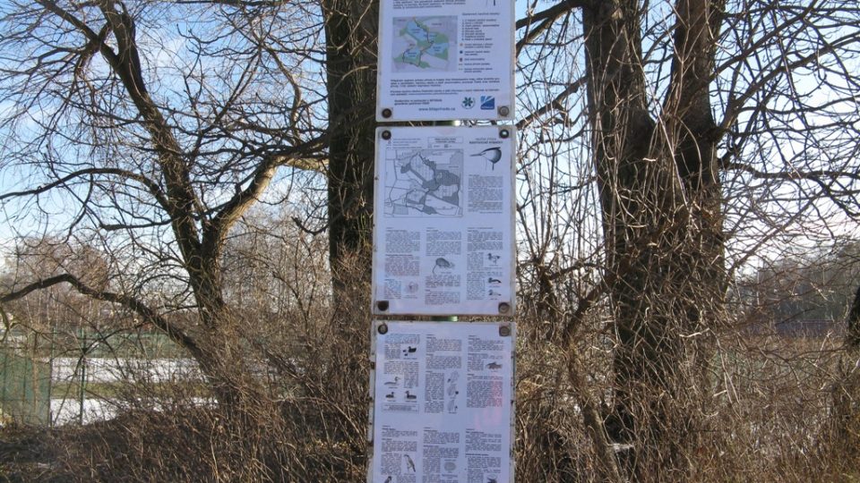 Informační tabule o Přírodní památce Hostivické rybníky, kde ptačí pozorovatelna stojí