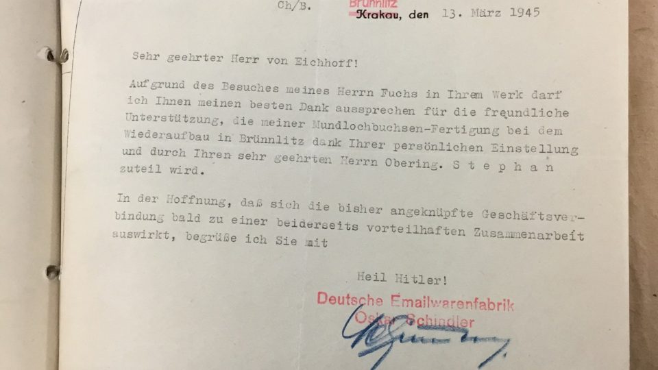 Originál dopisu Oskara Schindlera