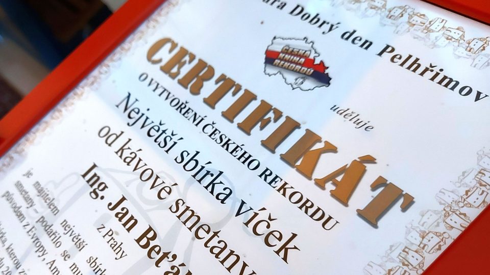 Certifikát potvrzující, že se v ČR jedná o rekordní sbírku svého druhu