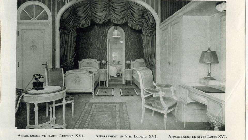 Prospekt Grandhotelu Šroubek, kolem 1930, apartmán ve slohu Ludvíka XVI. Sbírka MMP