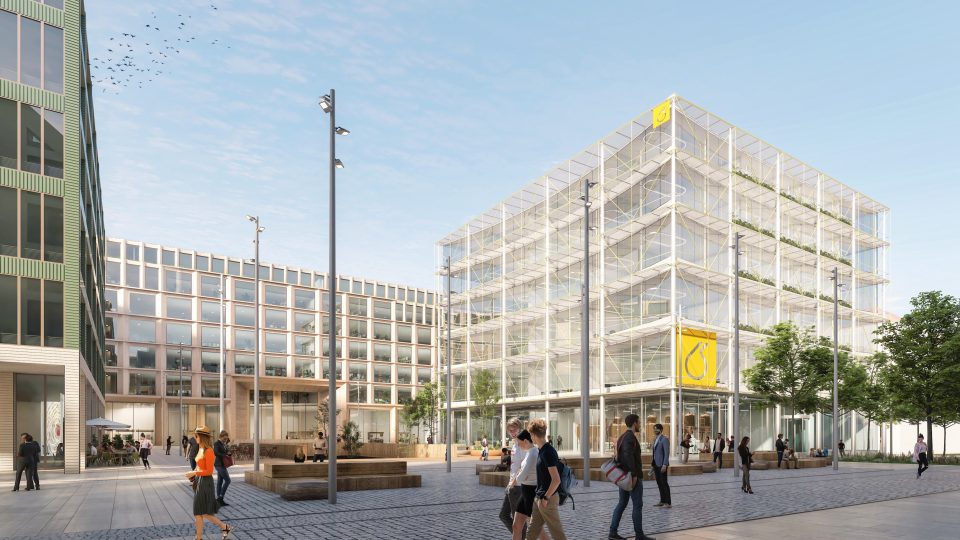 Pohled na nové náměstí v centrální části dostavby 4. kvadrantu s novou budovou Vysoké školy chemicko-technologické, tým 20: Benthem Crouwel Architects (NL) + OVA (ČR)