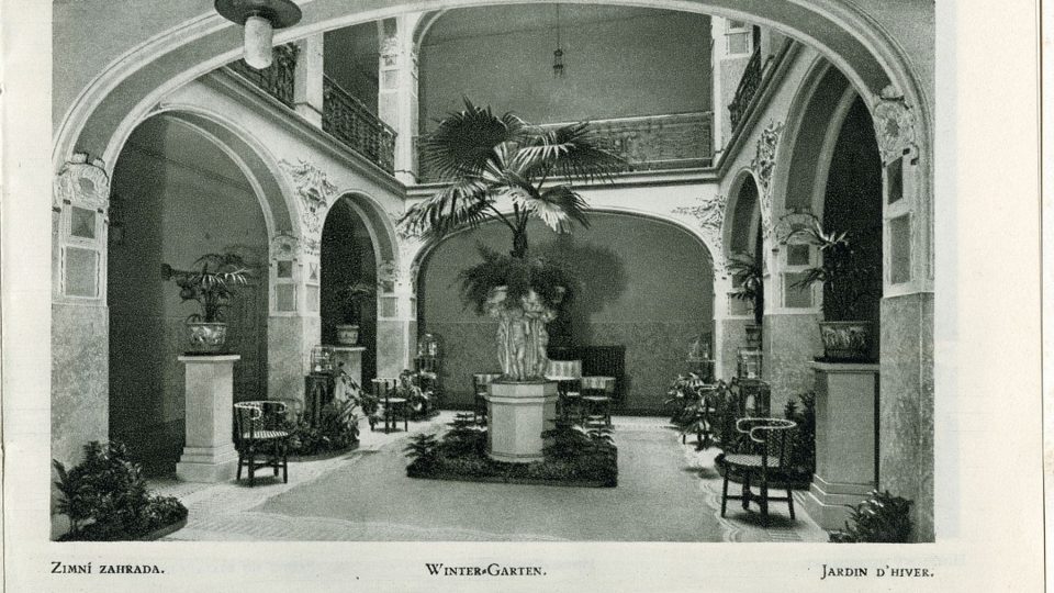 Prospekt Grandhotelu Šroubek, Zimní zahrada, kolem 1930. Sbírka MMP