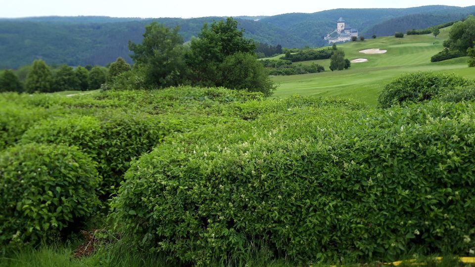 Hrad Karlštejn je vidět z golfového areálu jako na dlani