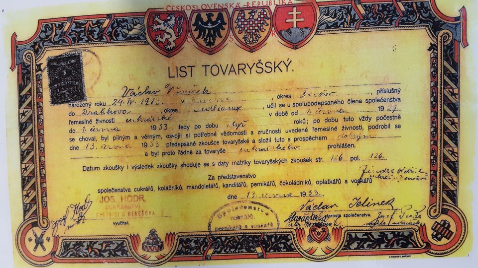 Tovaryšský list z oblasti gastronomie z roku 1933